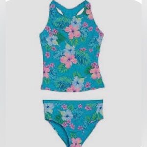 Lands' End Girls Tropical Floral Teal and Pink Tankini Set Sz L(10-12) EUC